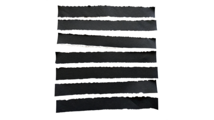 Torn black paper strips arranged in a creative pattern on a white surface for artistic display on a transparent background