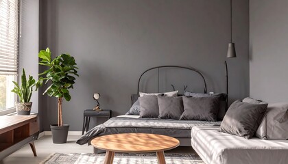 Modern Bedroom Interior with Minimalist Decor and Potted Plants.