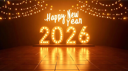 Illuminated "Happy New Year 2026" sign, glowing against a dark background, celebrating the future.