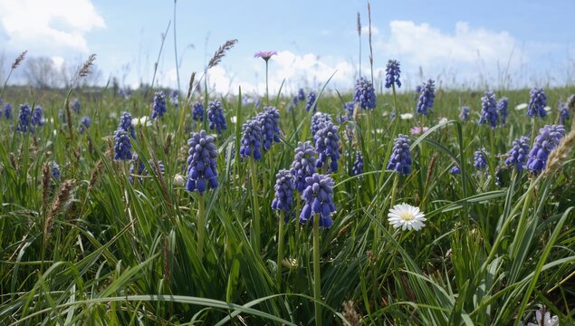 Blue blossoms, particularly Muscari or mouse hyacinth, flourishing in a field.