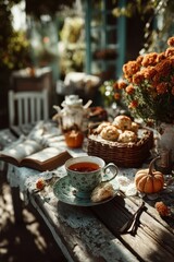Naklejka premium Cozy autumn tea scene with floral china, muffins, pumpkins, and a rustic, weathered table setting