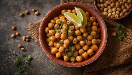 Fototapeta premium Boiled chickpeas drizzled with olive oil, garnished with herbs and lime in a clay dish, protein-rich meal