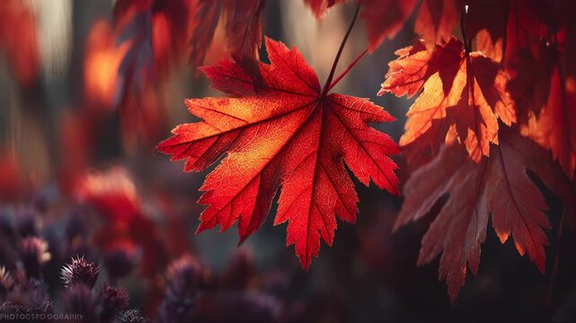 Vibrant Autumn Glory: Close-up of Red Japanese Maple Leaves Backlit by Golden Light, Creating a Mesmerizing Fall Atmosphere.