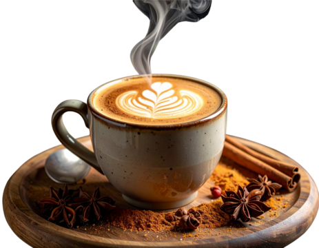 Cup of chai latte with latte art foam, surrounded by spice garnish
