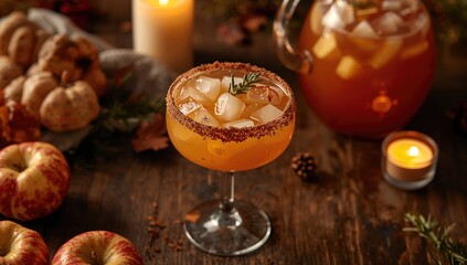 Apple cider margarita featuring a brown sugar rim, cinnamon and fresh thyme, seasonal drink suggestion for autumn gatherings