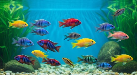 Naklejka premium Vibrant Collection of Malawi Cichlids Swimming in Aquarium Display