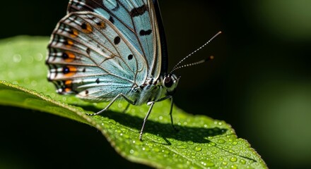 Obraz premium Close-up of a beautiful blue butterfly perched on a lush green leaf
