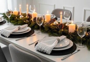 Fototapeta premium Festive New Year’s Eve dinner table with pine garland centerpiece, woven black placemats, white dishes with fringed napkins, candles, white wall, and grey dining chair