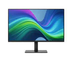 Modern computer monitor display with abstract colorful wave screen transparent background cutout png