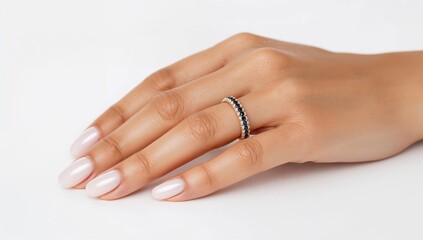 Naklejka premium Diamonds Blue Sapphire Wedding Eternity Band Ring on white backdrop, fashion jewelry, gift for her