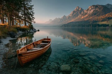 Dreamy lakeside atmosphere with natural light and depth. Generative AI