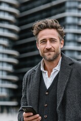 Naklejka premium Confident man in a formal outfit using his smartphone outdoors