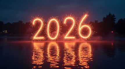 Glowing orange fireworks display forming the year 2026 reflected on water, set against a dark landscape.