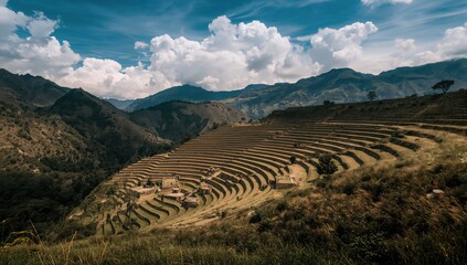 Aerial view of ancient terraced agricultural site surrounded by forest and mountains