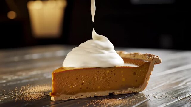 Thanksgiving Dessert: Delicious sweet pumpkin pie slice with generous whipped cream topping, perfect for autumn holiday food celebrations on a rustic wooden table.