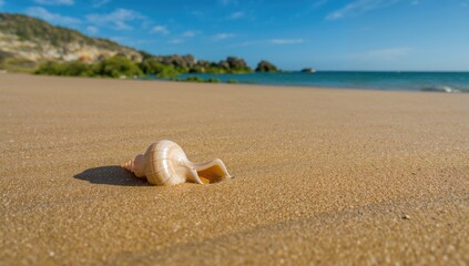 Bright summer day with a seashell resting on the sand