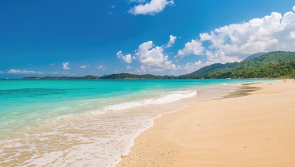 Fototapeta premium Breathtaking ocean panorama with clear skies and sandy beach, ideal for leisure and relaxation