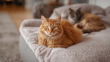 Charming red feline resting on a bed beside a sofa, showcasing relaxation