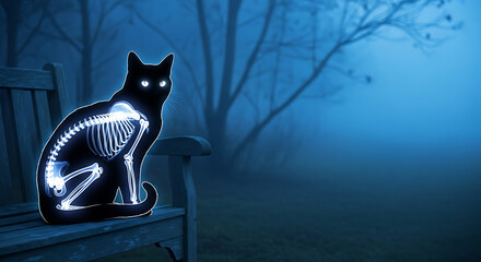 Don't be surprised that on Halloween you can learn more about cats: Black cat with glowing skeleton sitting on a bench in foggy forest