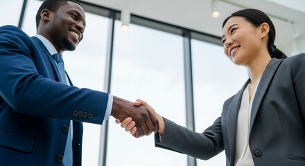 Diverse business professionals shaking hands in a modern office with natural light