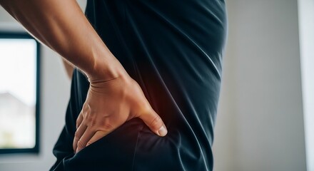 Man experiencing hip pain with hand on affected area