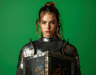 Young woman in chainmail armor holds a shield against a green backdrop, looking directly at the viewer.