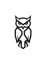 This modern vector icon features a stylized, geometric owl, depicted with bold black lines, sharp angles, and a fierce, symmetrical design.