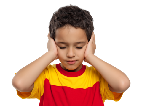 Stop the Noise! Stressed child covers ears dramatically isolated on a transparent background