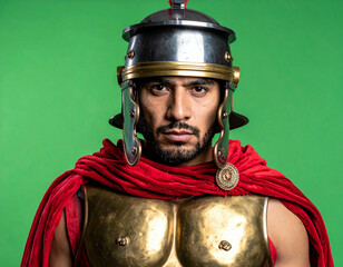 A man in Roman soldier armor and helmet with a red cape poses against a green screen background.