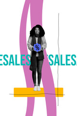 Trend artwork sketch image collage of discount offer low price black friday sale banner young lady...