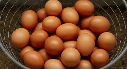 Close-up of a wire basket overflowing with fresh brown chicken eggs