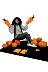 Sketch image trend collage of autumn season happy thanksgiving day young lady smile sit pumpkin...