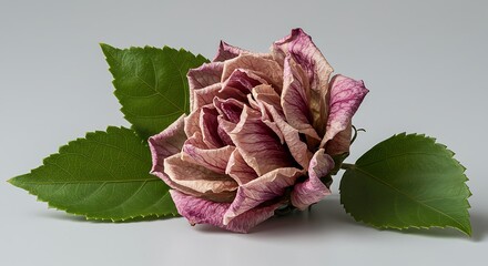 Close-up of a withered rose bloom with green leaves against a plain, light-grey backdrop