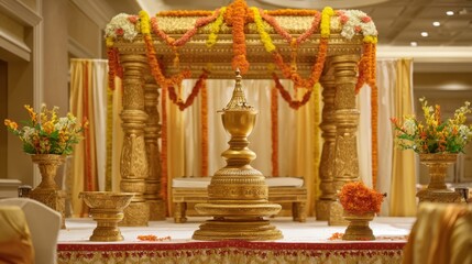 Fototapeta premium A stunning wedding altar adorned with flowers and gold pieces ready for a joyful celebration.