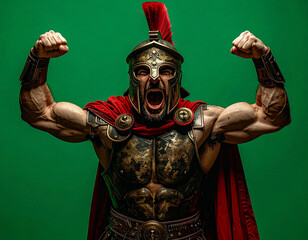 A muscular warrior in ancient armor, roaring with arms raised, against a green backdrop.