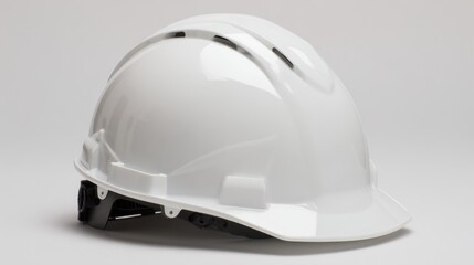Fototapeta premium White hard hat placed on a plain background highlights safety gear used by construction workers while on job sites. Essential for ensuring protection during tasks.