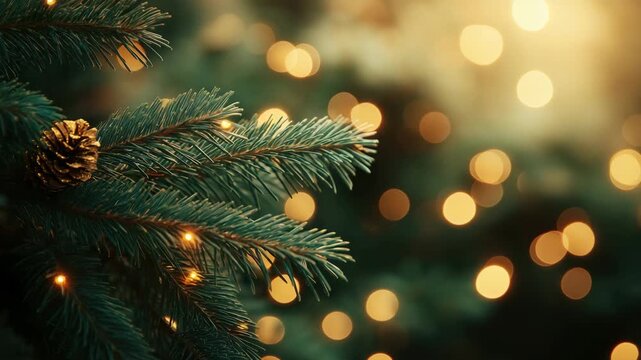 Close-up of a Christmas pine branch with small glowing lights and a golden pine cone. Soft golden bokeh background creates a warm and festive atmosphere. Cozy and elegant holiday detail.