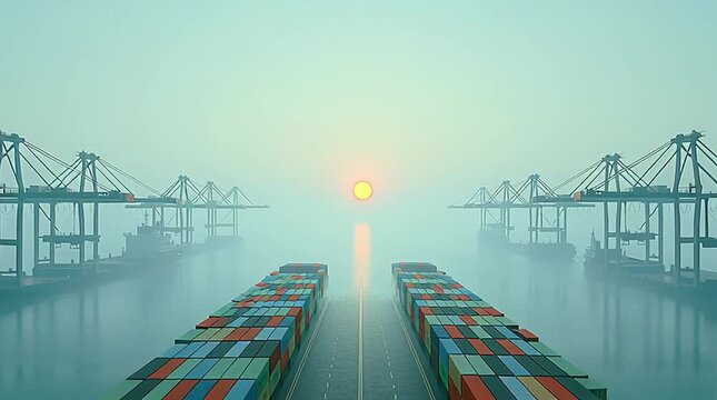 Large empty shipping container dock shows global trade slowdown at sunset with idle cranes