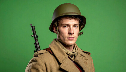 A young man in a military uniform and helmet stands against a green backdrop, holding a rifle.