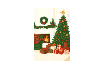 Cozy Christmas Living Room Scene with Decorated Tree and Fireplace Christmas Card, Poster Illustration Design