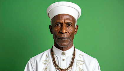 Portrait of a mature man wearing traditional white attire, looking directly at the camera.