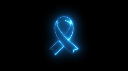 Neon breast cancer awareness ribbon icon animation on black background, glowing blue loop symbol of hope, medical health support, charity campaign and prevention concept - Powered by Adobe