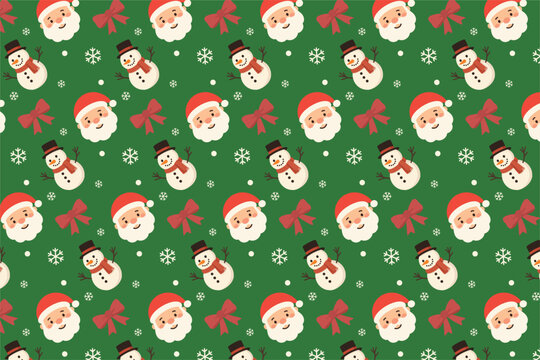 Cute Christmas seamless pattern with Santa Claus face, snowman, and red bow. Festive winter holiday vector background for wrapping paper, fabric print, and decoration