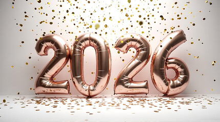 Rose-gold foil balloons forming the year 2026, with golden confetti raining down.
