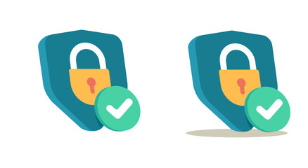 Security shield lock protection icon 3d cartoon vector graphic illustration isolated, safe guard check mark modern sign, safety padlock and tick as strong privacy warranty guarantee, safeguard defense