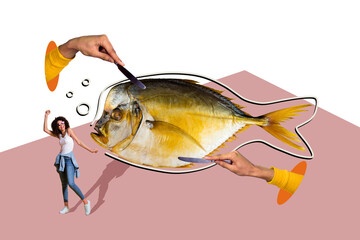 Creative collage picture young woman disco clubber fish seafood menu restaurant order knife cut...