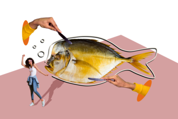 Creative collage picture young woman disco clubber fish seafood menu restaurant order knife cut culinary gourmet drawing background