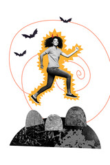 Vertical photo collage of happy american girl run cemetery grave occult satan wear devil headband...