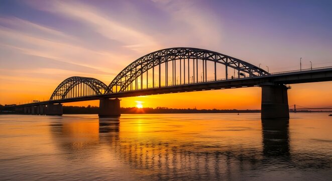 Stunning arch bridge illuminated by vibrant golden sunset reflecting on calm river waters creating breathtaking serene ambiance