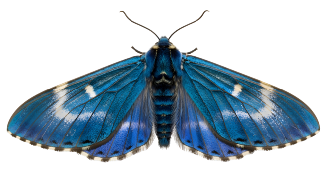 Blue moth with open wings
